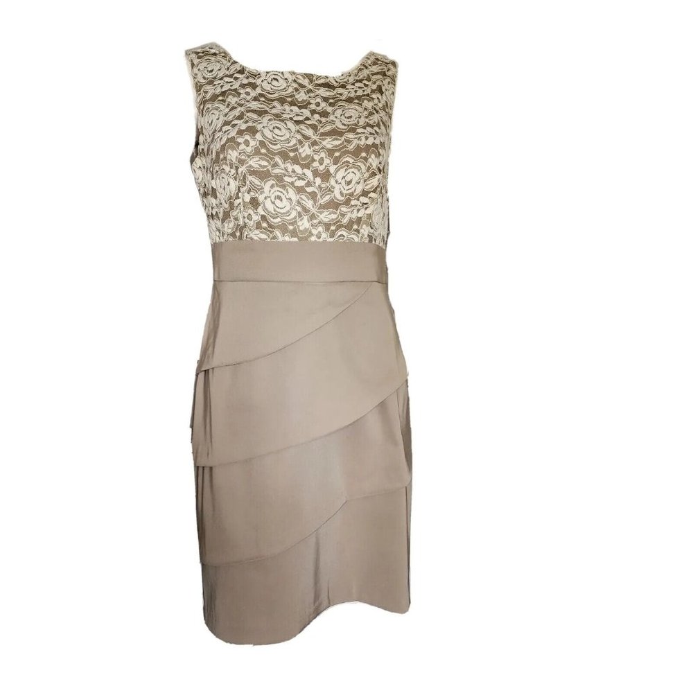 CONNECTED APPAREL‎ Tan White Floral Lace Detail Sleeveless Dress Womens Size 6
